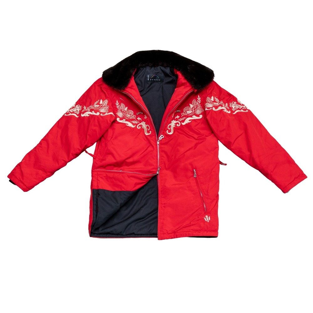 Rare Bogner Vintage Red Embroidered Ski Jacket Faux Fur Collar Made in USA Sz S